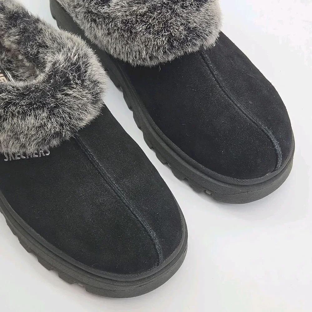 Skechers Shoe Clogs Shindig Platform Black Suede Faux Fur Lined Women Sz 9 Y2K
